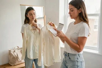Femme comparant une étiquette de taille vêtement avec un guide de conversion dans une cabine d'essayage
