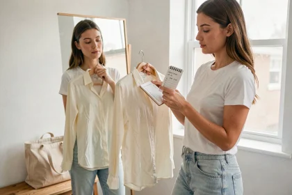 Femme comparant une étiquette de taille vêtement avec un guide de conversion dans une cabine d'essayage