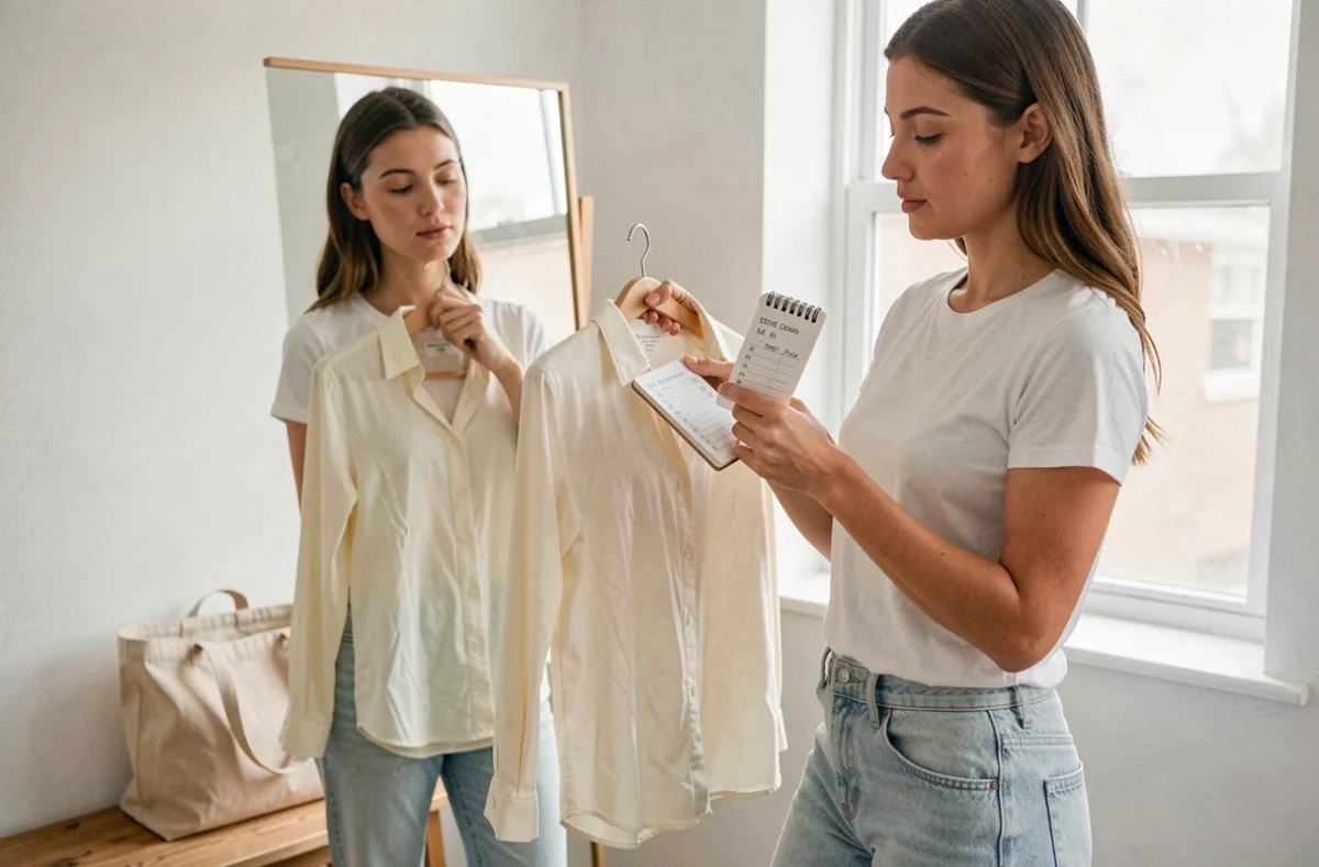Femme comparant une étiquette de taille vêtement avec un guide de conversion dans une cabine d'essayage
