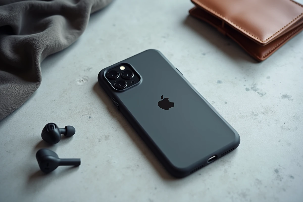Coque iPhone 14 Plus en silicone noir mat posée sur une surface en béton avec des accessoires minimalistes