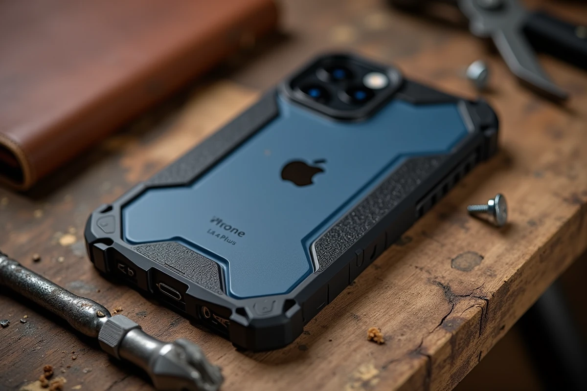 Coque robuste double couche pour iPhone 14 Plus posée sur un établi en bois dans un atelier
