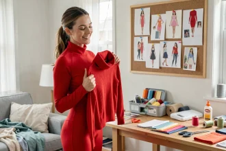 Jeune femme préparant un costume Totally Spies maison avec des vêtements du quotidien et du matériel de couture dans son salon