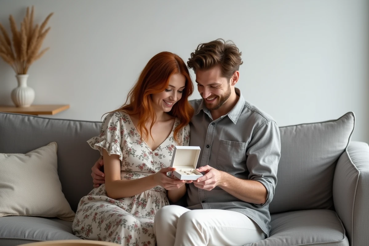 Couple assis ensemble sur un canapé dans un salon minimaliste, découvrant un bijou à projection photo dans un écrin élégant