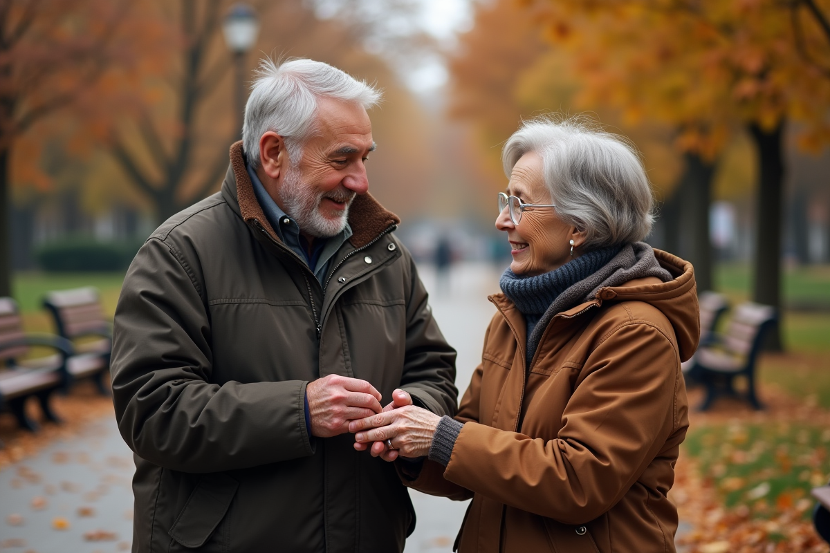Vieux couple dans un parc urbain main dans la main