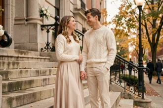 Couple de jeunes mariés en pulls assortis ivoire devant une mairie lors d'un mariage civil casual chic