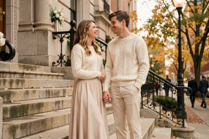 Couple de jeunes mariés en pulls assortis ivoire devant une mairie lors d'un mariage civil casual chic