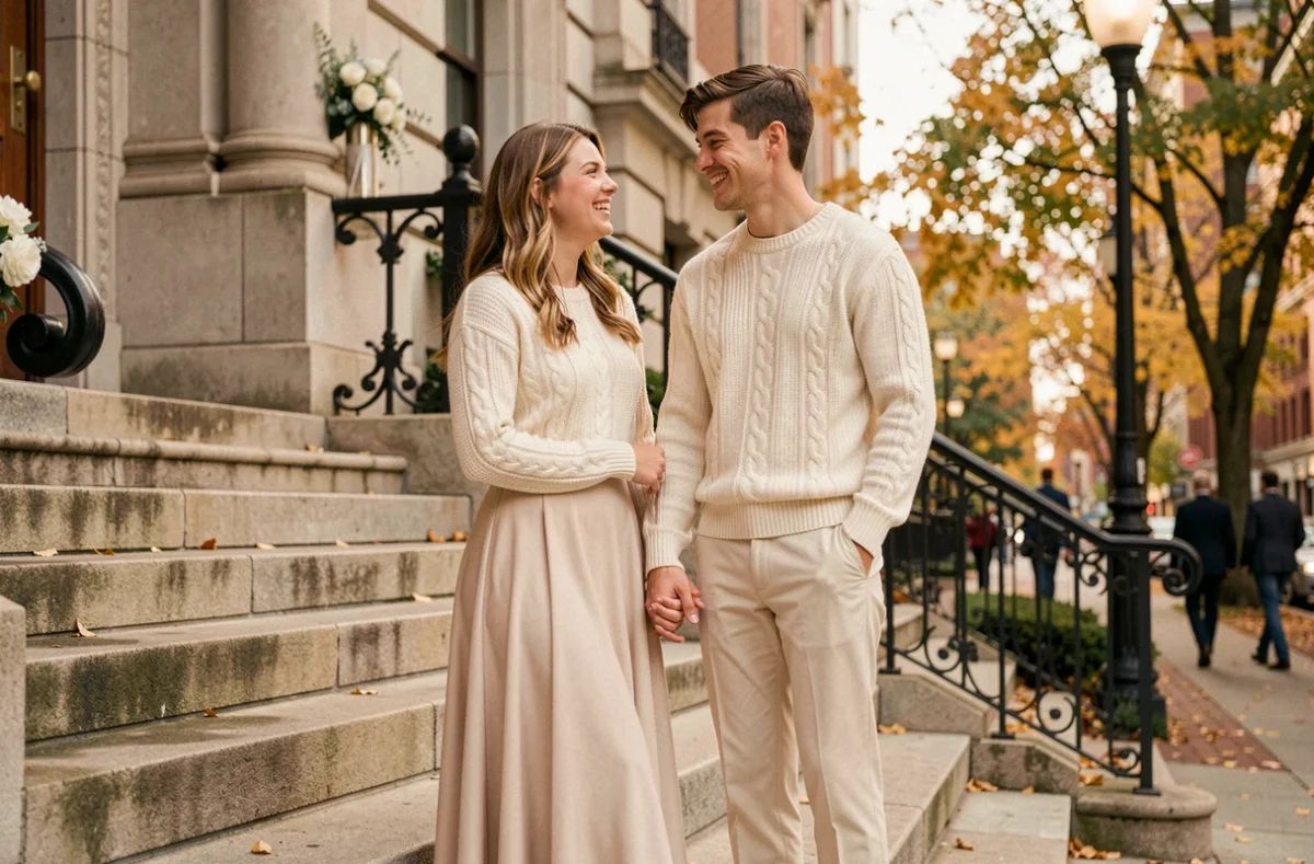 Couple de jeunes mariés en pulls assortis ivoire devant une mairie lors d'un mariage civil casual chic