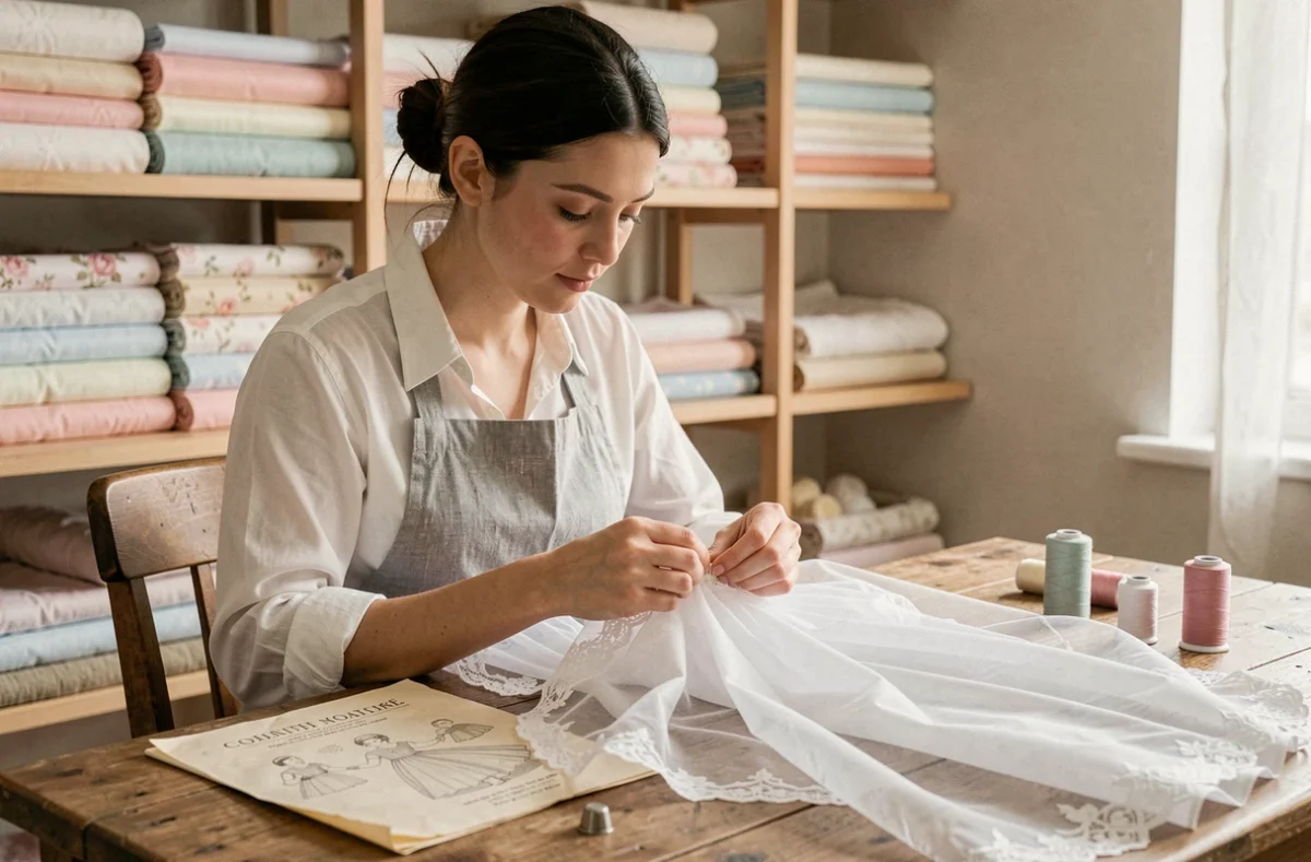 Couturière cousant à la main une robe de baptême bébé en organza blanc dans un atelier de couture artisanal