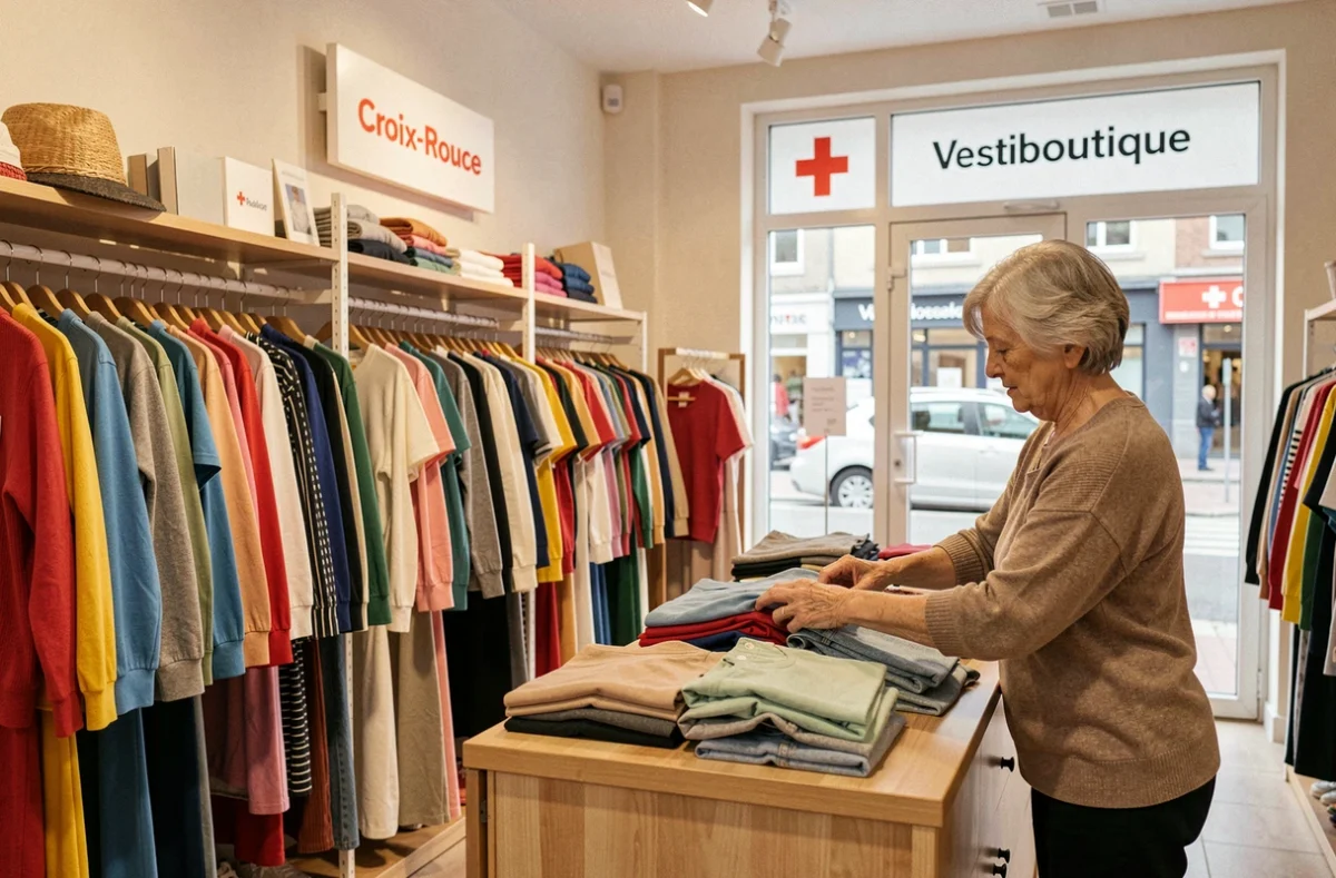 Une bénévole de la Croix-Rouge pliant des vêtements donnés à la Vestiboutique de Metz