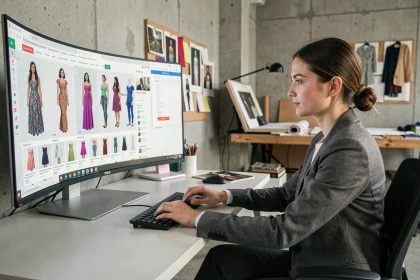 Designer de mode naviguant sur une boutique d'assets 3D CLO store pour trouver des vêtements virtuels de qualité