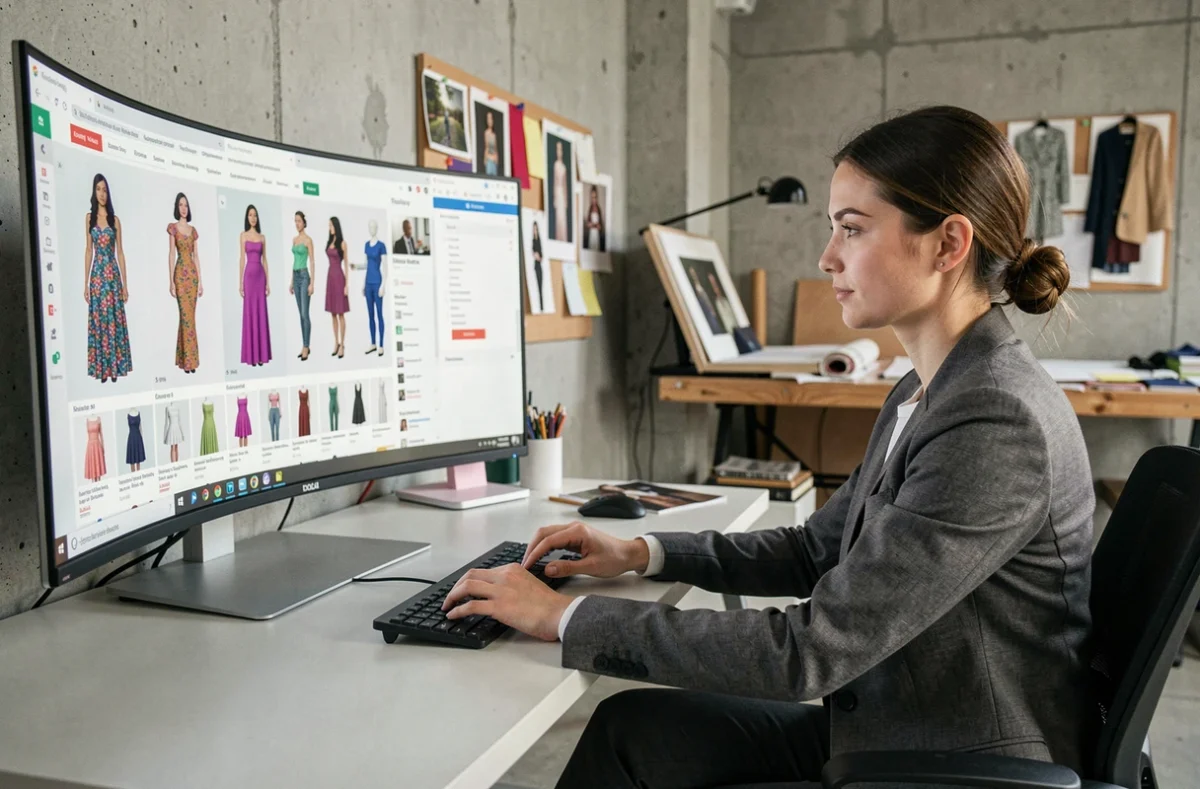 Designer de mode naviguant sur une boutique d'assets 3D CLO store pour trouver des vêtements virtuels de qualité