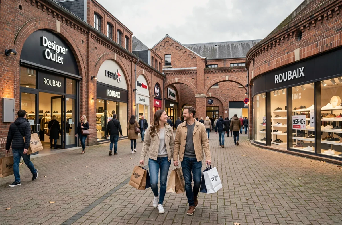 Couple faisant du shopping au Designer Outlet de Roubaix dans un bâtiment en briques rouges avec des boutiques de chaussures en promotion