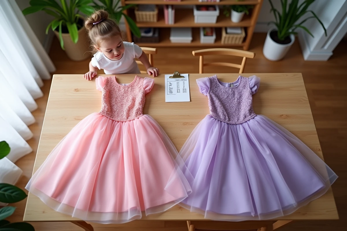 Deux robes de princesse sur une table en bois avec note manuscrite