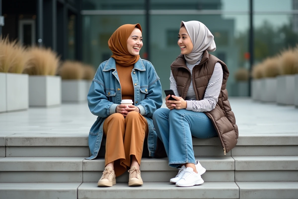 Deux jeunes femmes en hijab et tenues streetwear modernes assises sur des marches urbaines en conversation détendue