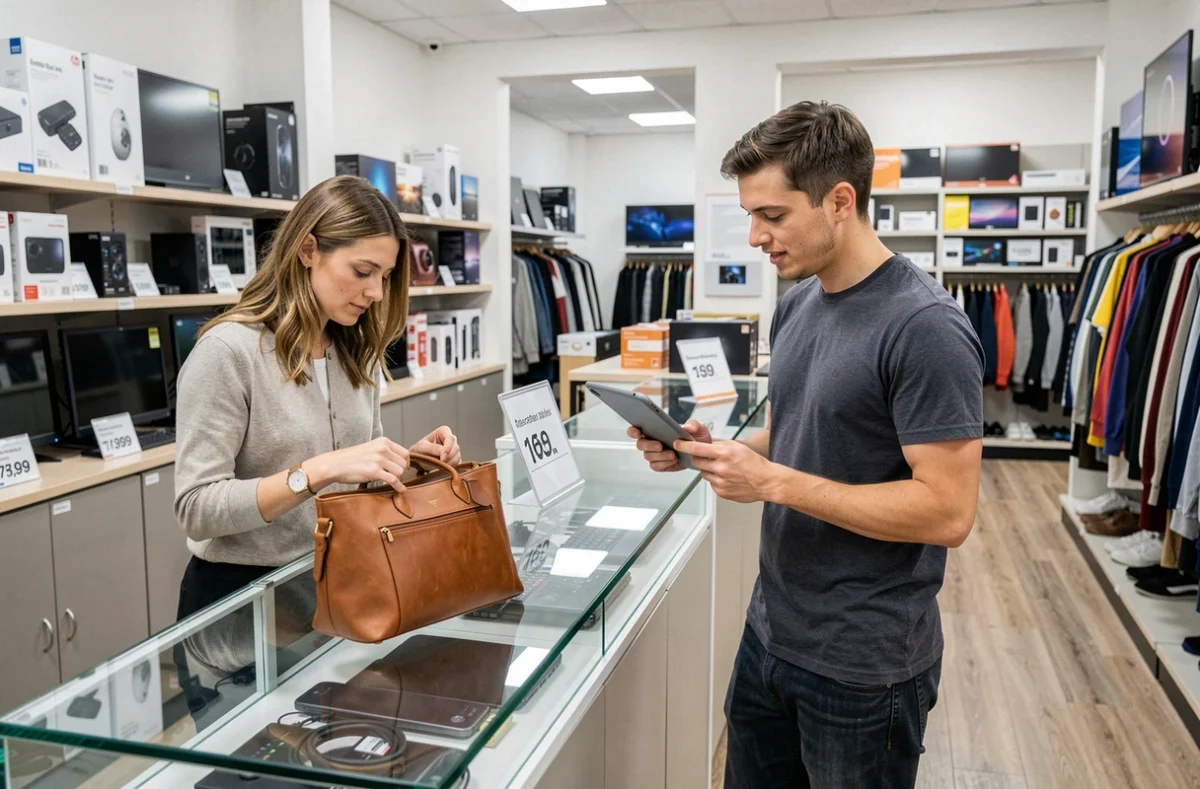 Cliente inspectant un sac en cuir d'occasion avec l'aide d'un vendeur chez Easy Cash Lens, magasin de seconde main