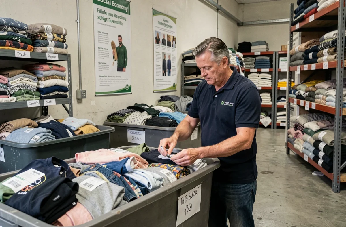 Employé d'EBS Le Relais Nord Pas-de-Calais triant des vêtements recyclés dans un dépôt textile de l'économie sociale