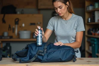 Femme appliquant un spray imperméabilisant DWR sur un sac à dos de randonnée bleu marine posé sur un établi en bois dans un atelier