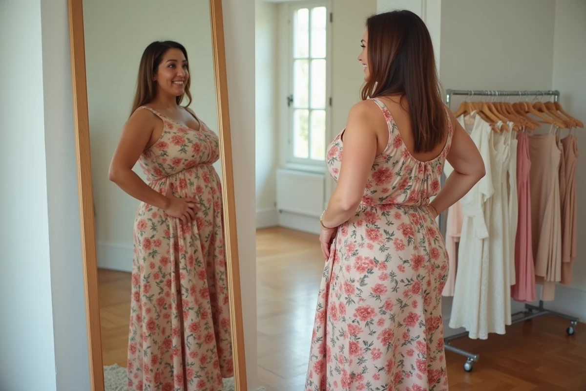 Femme ronde et petite essayant une robe longue fleurie devant un miroir en boutique
