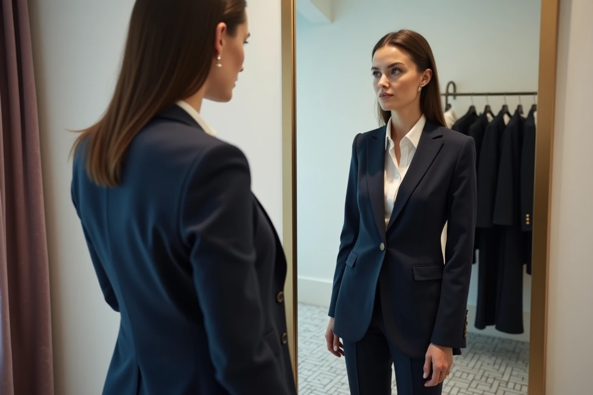 Femme essayant une veste IKKS ajustée devant un miroir en cabine d'essayage
