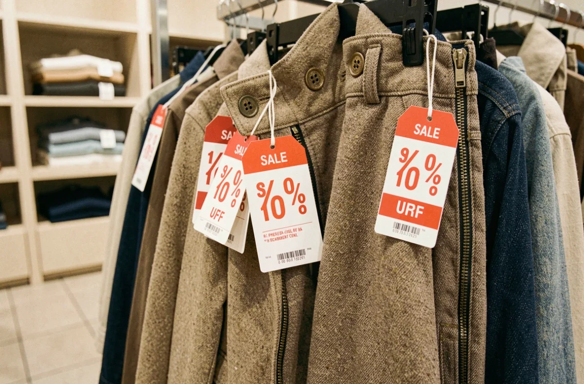 Étiquettes de réduction en rouge et blanc accrochées à des vêtements en solde dans un magasin en fermeture