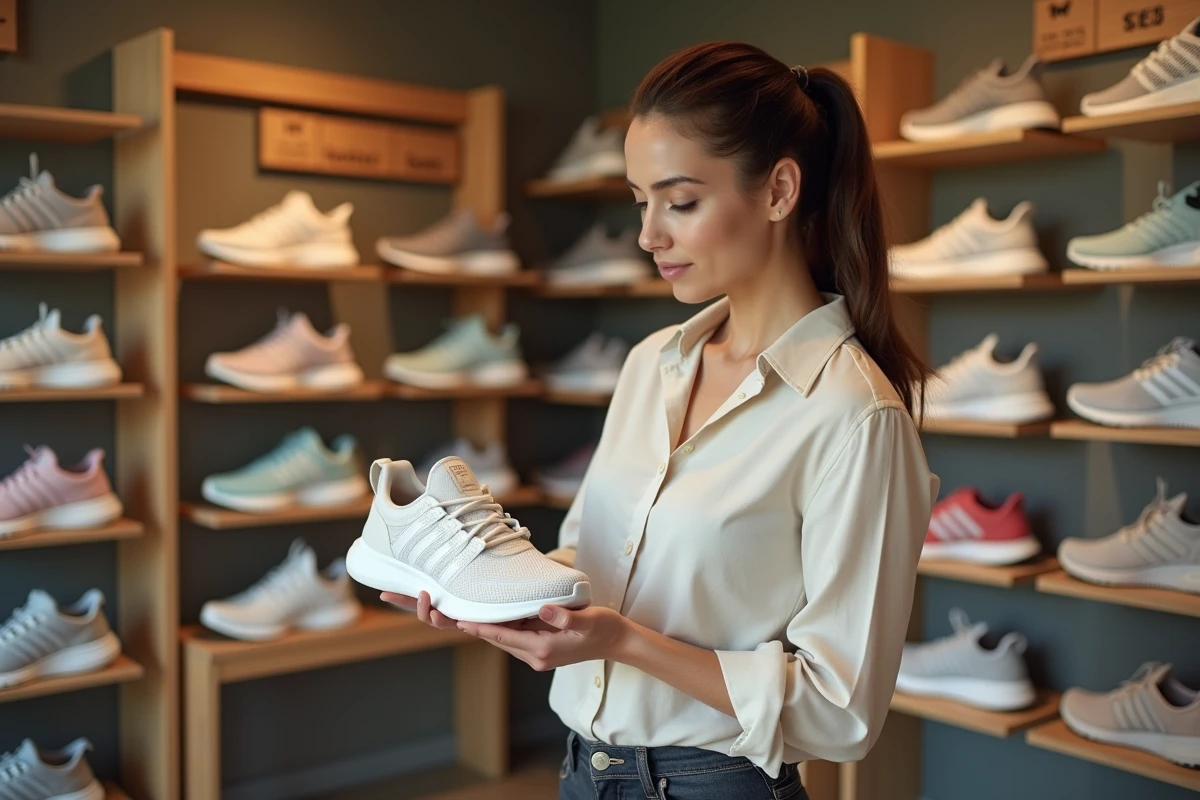 Femme en magasin de baskets évaluant le confort d'une chaussure de sport en appuyant sur la semelle intérieure