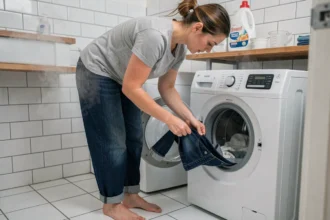 Femme plaçant un jean trop grand dans un lave-linge pour le faire rétrécir à l'eau chaude à la maison
