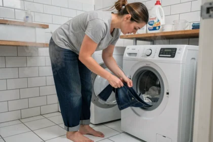 Femme plaçant un jean trop grand dans un lave-linge pour le faire rétrécir à l'eau chaude à la maison