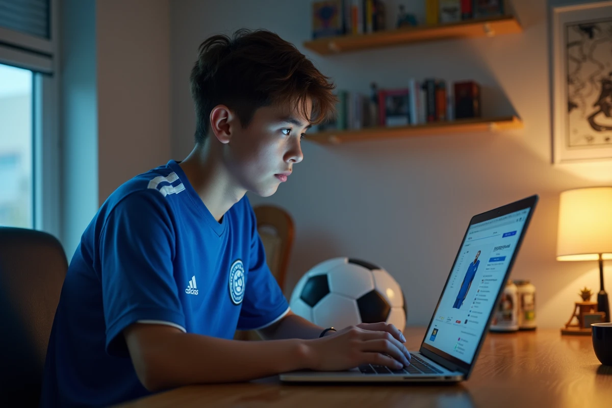 Fan de Blue Lock comparant des maillots officiels et des répliques sur un site de vente en ligne depuis sa chambre