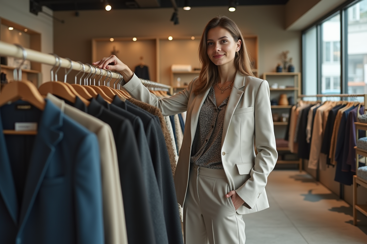 Femme élégante choisissant un vêtement en boutique