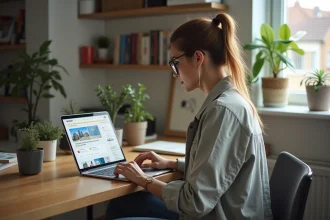 Femme assise à son bureau regardant un site de comparaison
