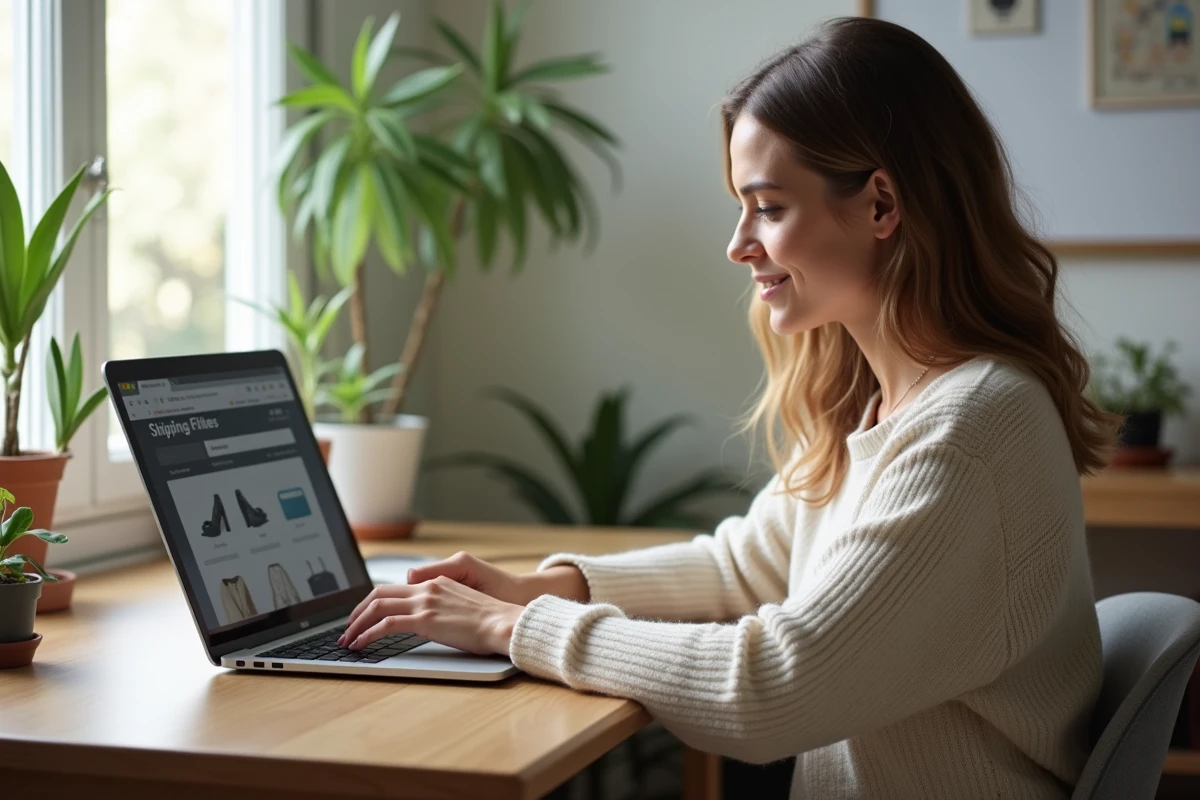 Femme assise à son bureau à la maison utilisant un ordinateur portable