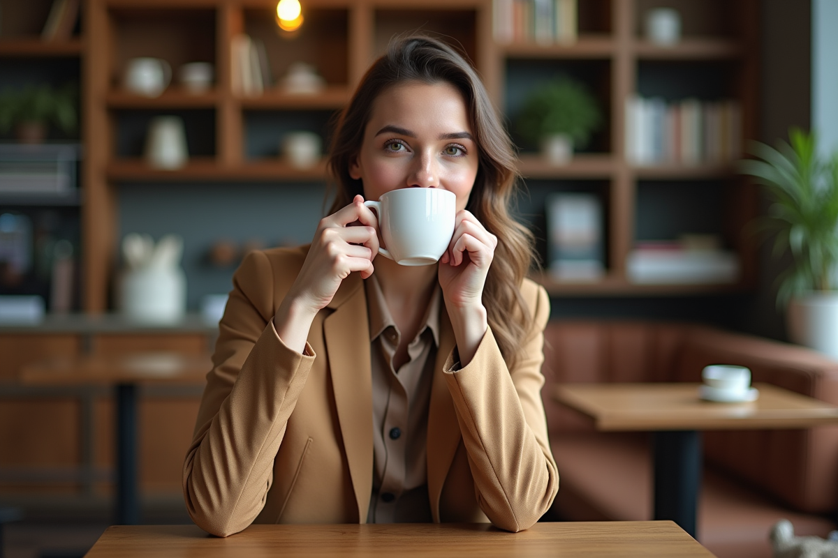 Femme élégante sirotant un café dans un café moderne