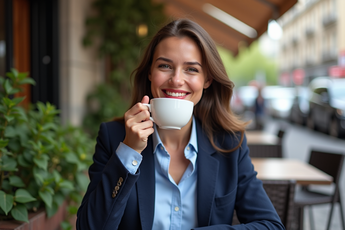 Jeune femme buvant un café en extérieur