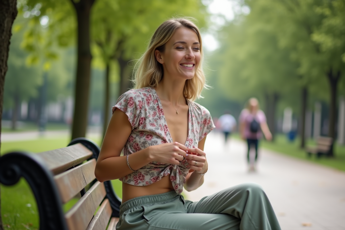 Femme assise sur un banc de parc en tenue décontractée