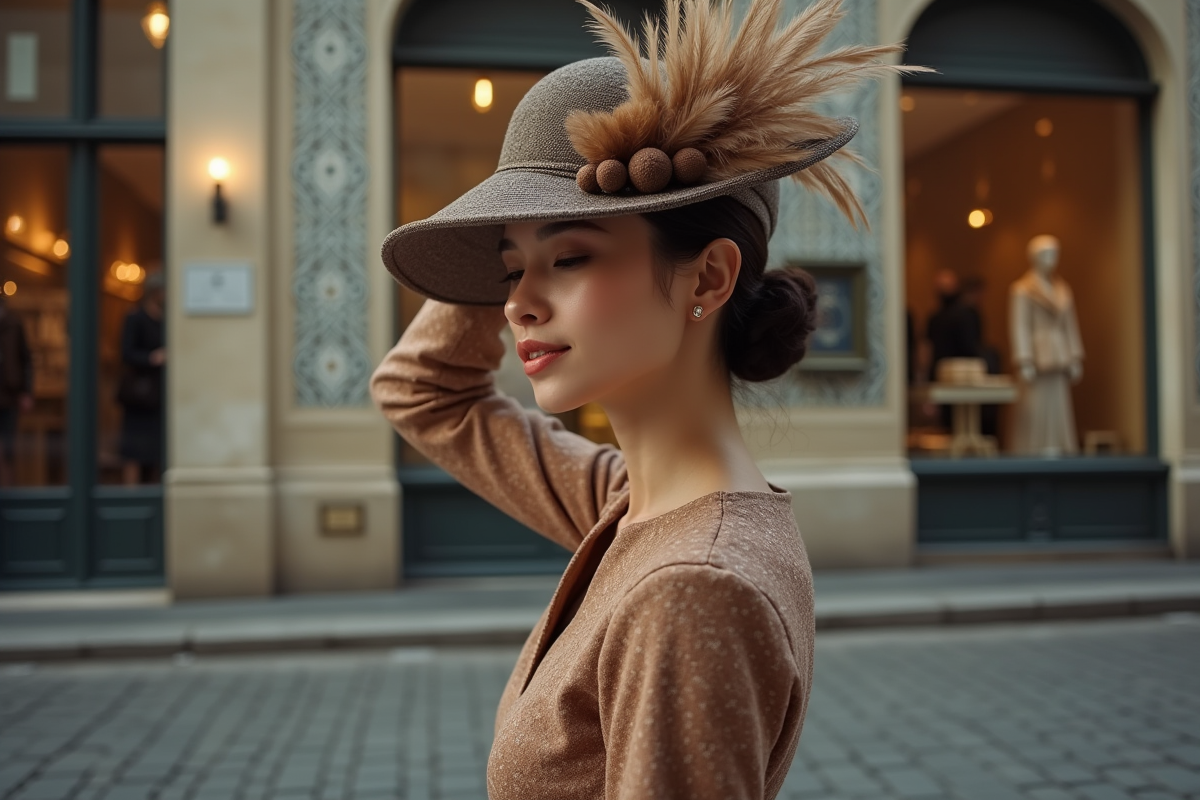 Jeune femme ajustant un chapeau de modiste devant une boutique parisienne