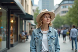 Femme en denim blanc dans une ville animée