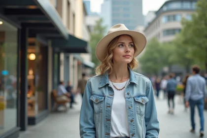 Femme en denim blanc dans une ville animée