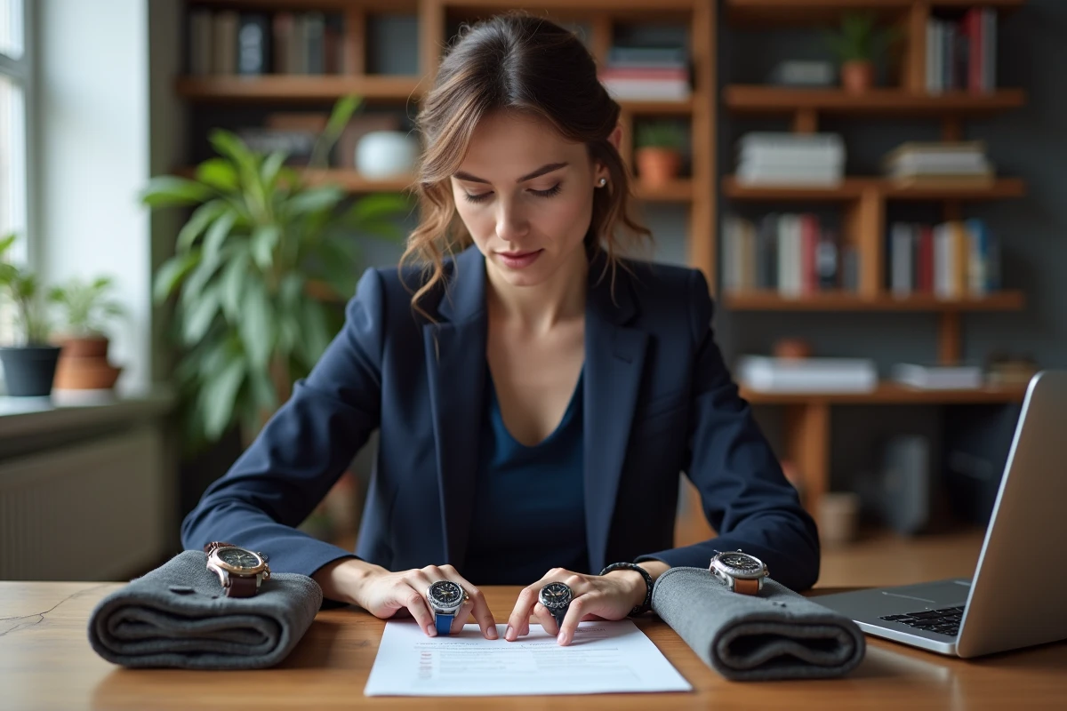 Femme comparant deux montres Rolex sur un bureau avec une checklist d'authenticité