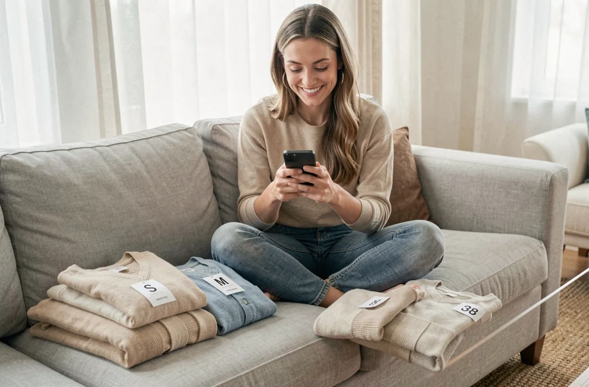 Femme consultant un convertisseur de taille sur smartphone entourée de vêtements avec étiquettes de tailles différentes