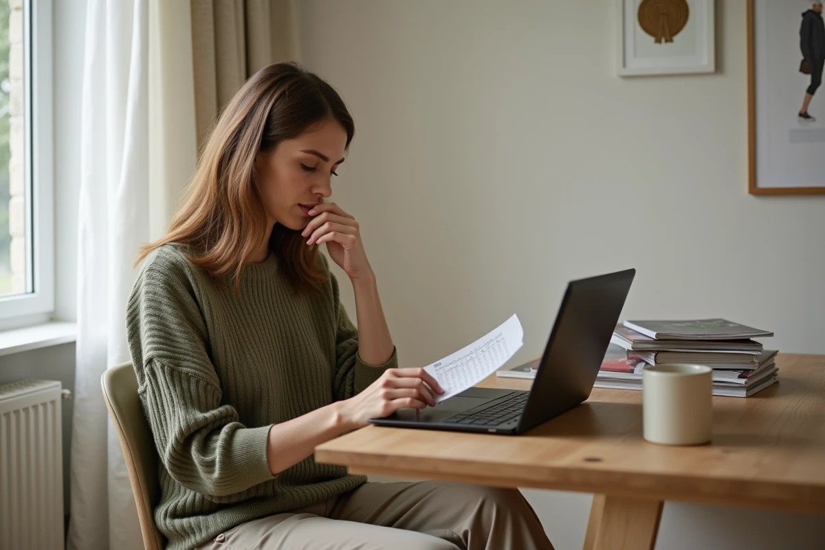 Femme consultant un guide des tailles IKKS sur son ordinateur portable à la maison