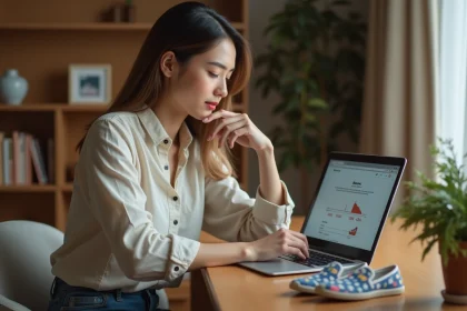 Femme consultant un convertisseur de pointure de chaussures sur un ordinateur portable avec des sneakers posées sur le bureau