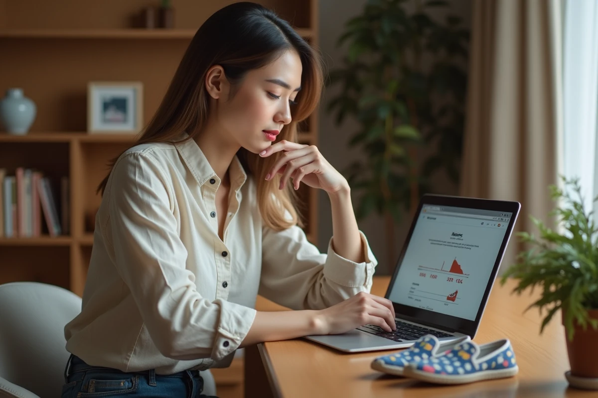 Femme consultant un convertisseur de pointure de chaussures sur un ordinateur portable avec des sneakers posées sur le bureau
