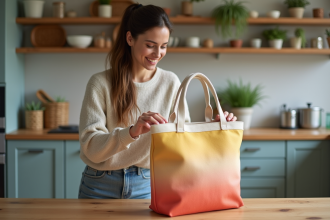 Femme souriante insérant la base dans un sac en tissu coloré