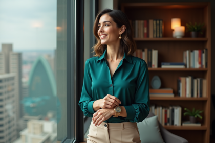 Femme élégante ajustant une montre en or dans un appartement moderne