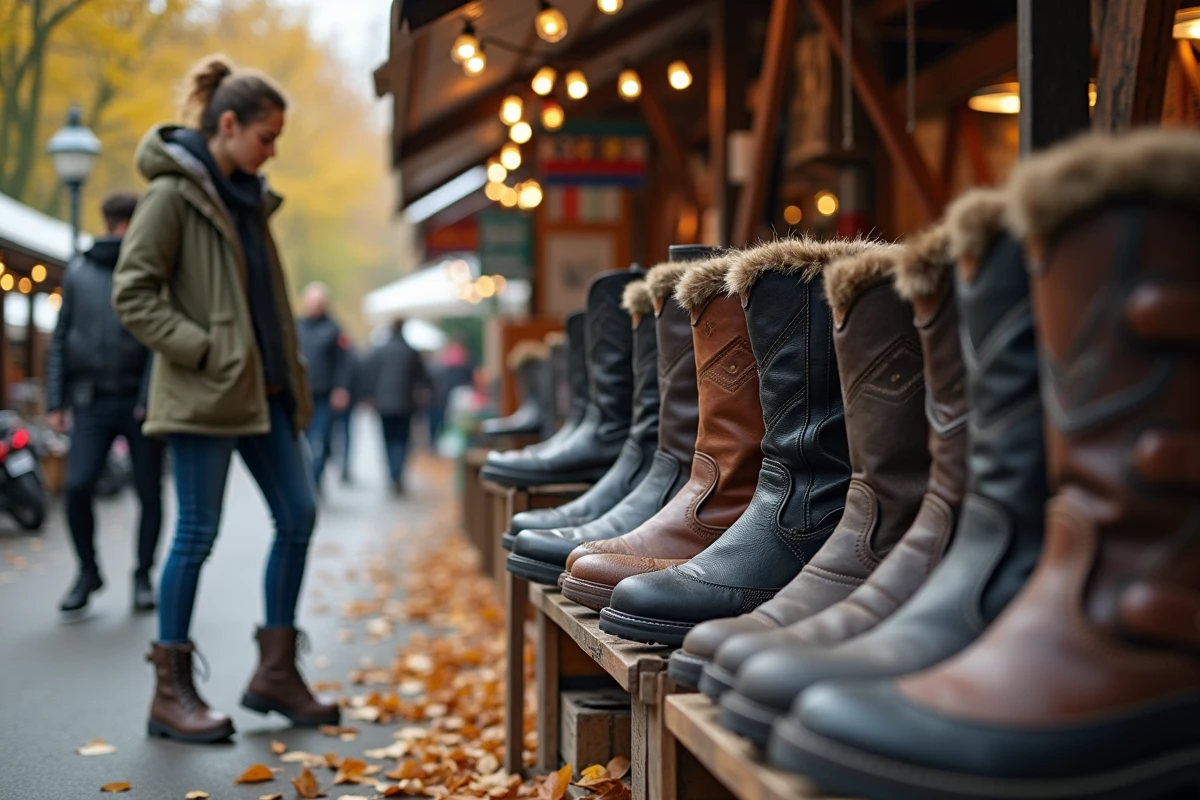 Jeune femme examine des bottes de moto au marché
