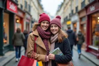 Mère et fille souriantes dans une rue commerçante hivernale à Paris