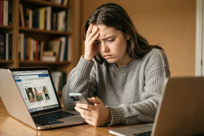 Jeune femme frustrée tentant d'annuler une commande en ligne sur son smartphone depuis son bureau à domicile