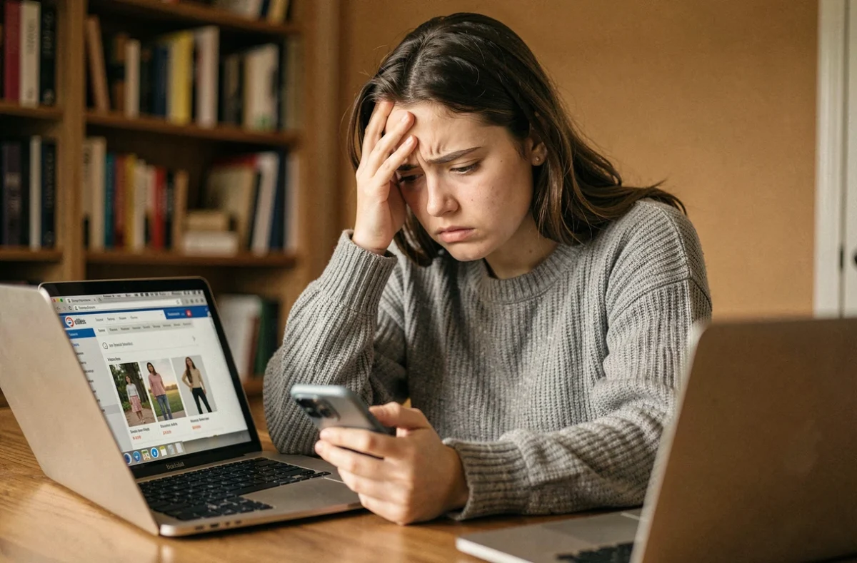 Jeune femme frustrée tentant d'annuler une commande en ligne sur son smartphone depuis son bureau à domicile