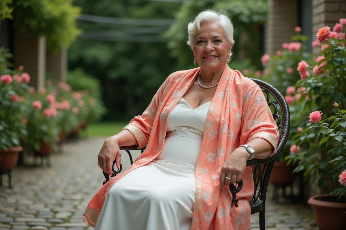 Femme élégante en extérieur avec foulard en soie coloré
