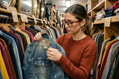 Femme inspectant l'étiquette d'une veste en jean vintage dans une friperie, gros plan sur les détails de couture